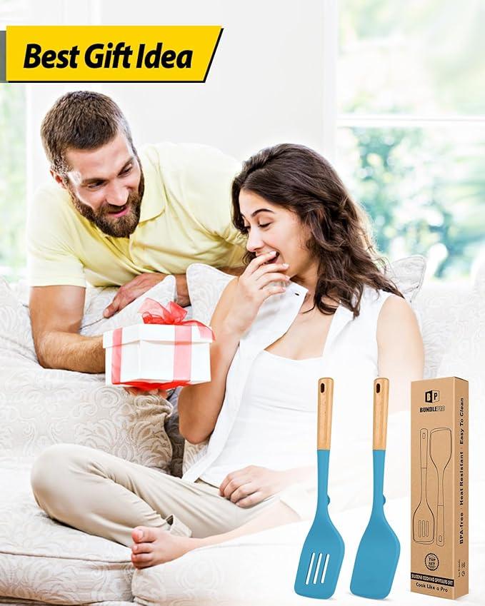 Pack of 2 Large Silicone Spatula, Heat Resistant Solid Turner, Non Stick Slotted Spatulas with Wooden Handle, Ideal Kitchen Utensils for Flipping, Pancakes, Eggs, Fish(BLUE)