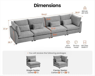 Oversized Modular Sofa, Extra Deep Cloud Chenille Sectional Couch with Ottoman Chaise, Fluffy Chenille 4 Seater Sofa for Living Room, Villa (Basic 4 Seater, Chenille Grey)