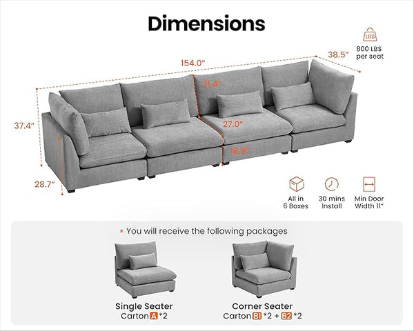 Oversized Modular Sofa, Extra Deep Cloud Chenille Sectional Couch with Ottoman Chaise, Fluffy Chenille 4 Seater Sofa for Living Room, Villa (Basic 4 Seater, Chenille Grey)