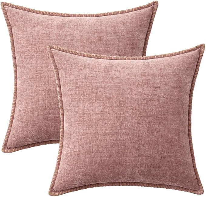 MIULEE Pack of 2 Couch Throw Pillow Covers 16x16 Inch Blush Pink Farmhouse Decorative Pillow Covers with Stitched Edge Soft Chenille Solid Dyed Spring Pillow Covers for Sofa Bed Living Room