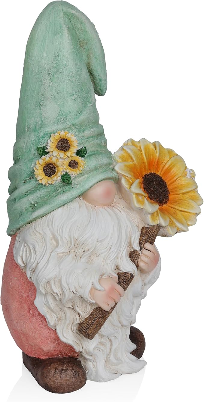 Alpine Corporation MCC842 Indoor/Outdoor Gnome Holding Sunflower Garden Statue, Charming Gnome Statue w/Hat, 21