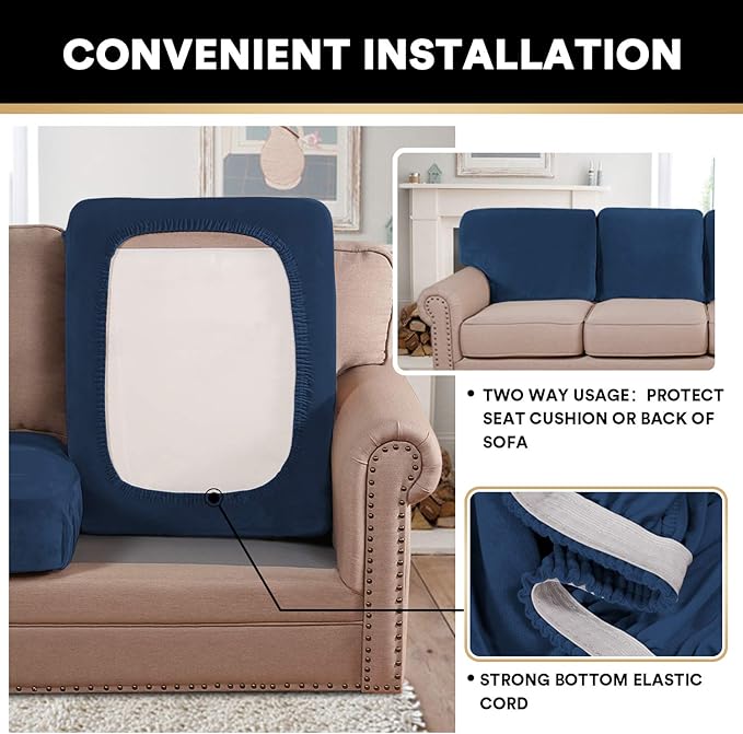 PrinceDeco Couch Cushion Covers, Stretch Washable Sofa Cushion Cover, Fitted Sofa Slipcover Velvet Fabric Non-Slip Furniture Protector for Dog,Pets, Kid (Each Width Up to 29.5