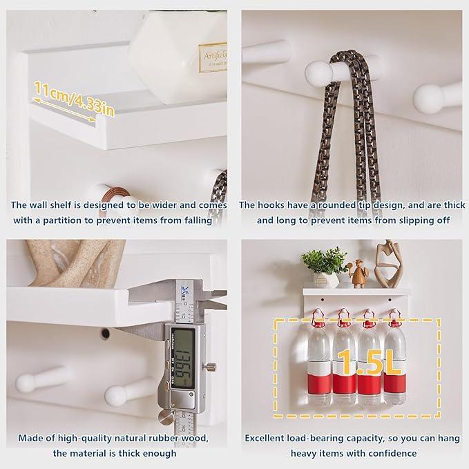 Wood Coat Hook with Wall-Mounted Shelf,15.75in Entryway Wall Hanging Shelf,for Bathroom, Kitchen,Coat Towel Key Organizer White YD-WS0240W