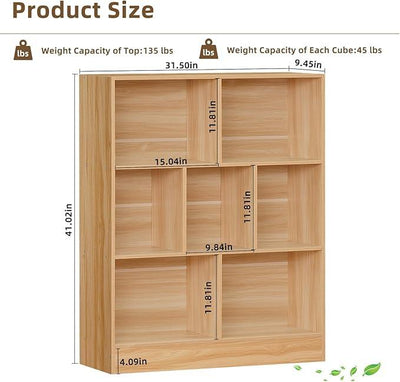 LEYAOYAO 7 Cube Bookshelf with Base,3 Tier Mid-Century Modern Natural Bookcase,Standing Wide Bookshelves Storage Organizer Shelf,Rustic Wood Display Cabinet Book Shelves for Bedroom,Living Room,Office