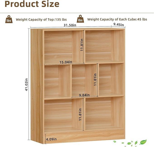 LEYAOYAO 7 Cube Bookshelf with Base,3 Tier Mid-Century Modern Natural Bookcase,Standing Wide Bookshelves Storage Organizer Shelf,Rustic Wood Display Cabinet Book Shelves for Bedroom,Living Room,Office