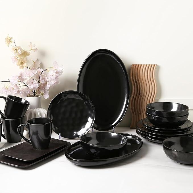vicrays Serving Platter Ceramic Tray Plates Extra Large Oval 14.5 Inch Porcelain Dinner Plates Long Serving Dish Set Entertaining Party Restaurant Food Meat Sushi Fish Turkey Platter - Black