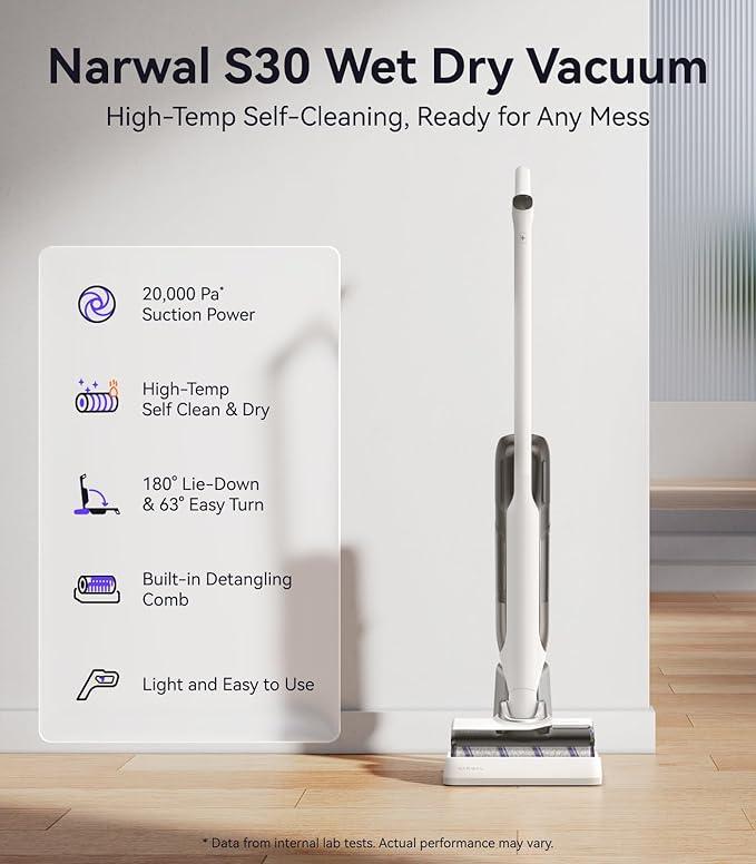 NARWAL S30 Wet Dry Vacuum Cleaner with 20000Pa Suction, 176°F Self-Cleaning, Heated Drying, Disposable Waste Bag, Tangle-Free, Cordless Vacuum Mop for Hard Floors & Edge Cleaning, Easy to Use