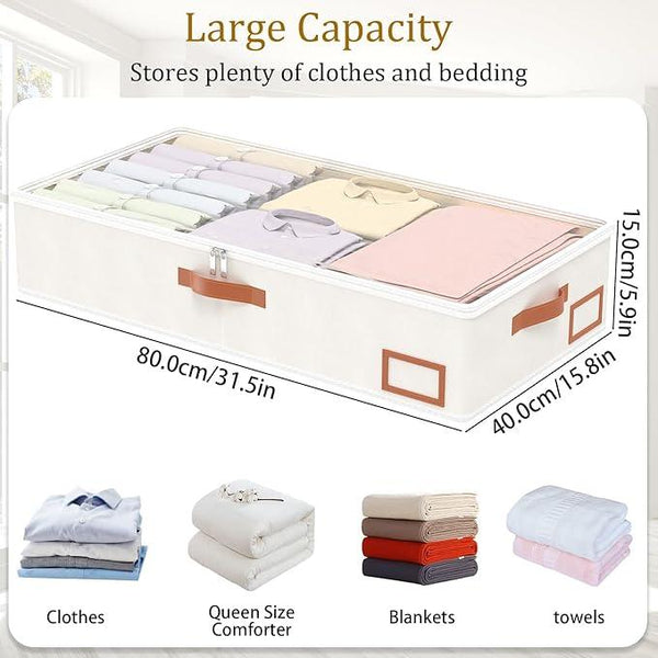 Yawinhe Under Bed Storage Containers, 2 Pack, Bin with Lids, Collapsible Closet Organizers, with Sorting Card Slot and 4 Leather Handles, for Blanket, Bedding, 31.5''Lx15.7''Wx6''H, Beige