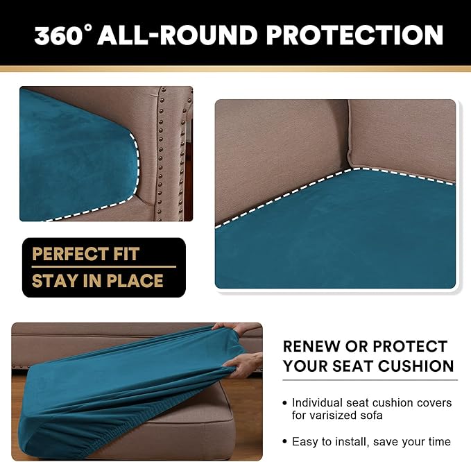 PrinceDeco Stretch Sofa Cushion Covers for Couches and Sofas,Soft Velvet Couch Seat Covers, Sofa Covers Washable, Seat Cushion Cover for 3 Couch Sofa Pet Friendly - Deep Teal, Each Width Up to 29.5