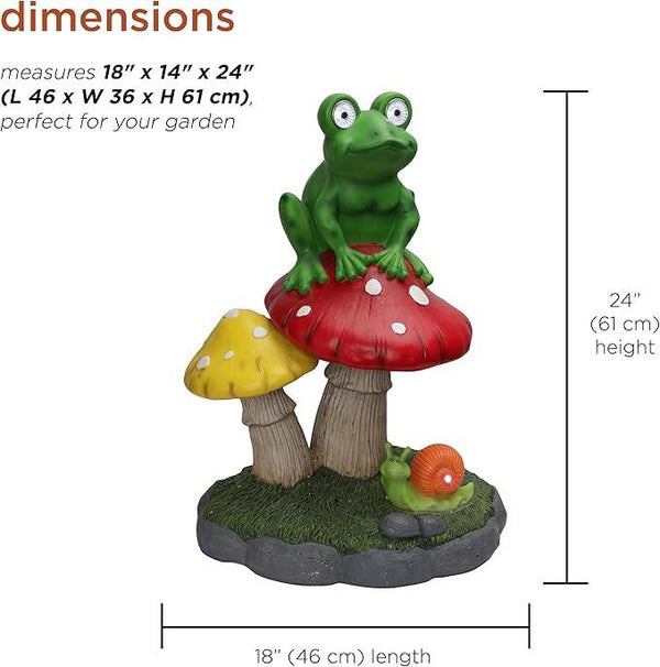 Alpine Corporation ZEN390SLR-L Frog on Mushroom Statue with LED Lights, Solar-Powered LED Frog Garden Statue, 24