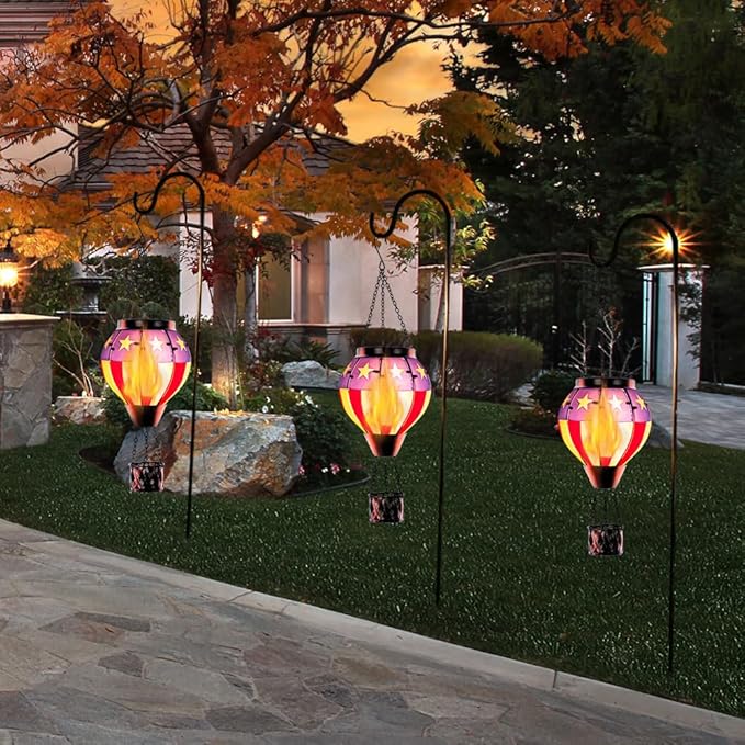 Hot Air Balloon Outdoor Lantern with Flickering Flame, Handmade Glass Solar Lantern with Flag Pattern Waterproof Lantern Lamp for Patio, Garden, Porch