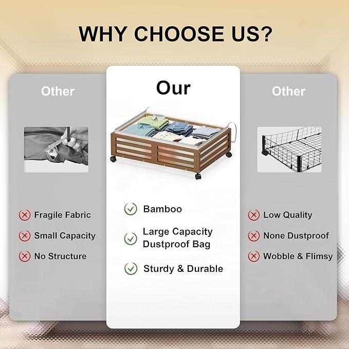 Under Bed Storage with Wheels-Large Bamboo Underbed storage Containers with Large Dust Bag Stackable Under the Bed Shoe Storage Bins for Clothes Books Bedding (2 Packs walnut, 23.62