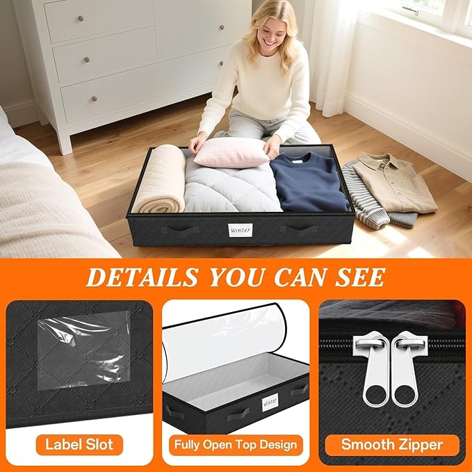 SpaceWhisper 90L Under Bed Storage Containers, 2-Pack Storage Bins with Clear Top, Foldable Closet Organizers and Storage with Label Holder for Clothing, Blankets, Comforter & Pillows(Black)