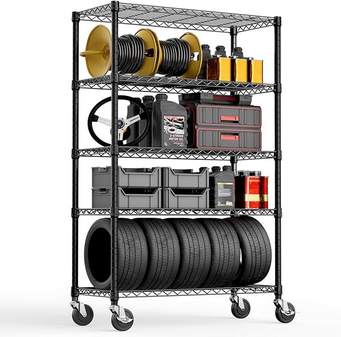 5-Shelf Storage Shelves,Wire Shelving Heavy Duty Metal Storage Shelving Unit Adjustable Garage Shelving Rack Pantry Kitchen (Black, 5 Tier,17.7