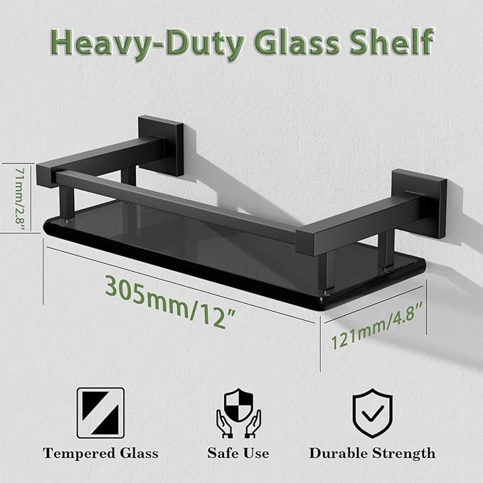 Alise Glass Shelves for Bathroom Wall, Tempered Glass Bathroom Shelf Wall Mounted, Modern Space Saving Floating Shelves 12 inch, Matte Black