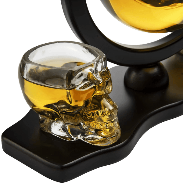 Skull Decanter Set With 2 Skull Shot Glasses - by The Wine Savant - and Beautiful Wooden Base - By Use Skull Head Cup For A Whiskey and Vodka Shot Glass, 850ml Decanter 3 Ounces Shot Glass