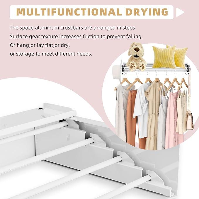 Wall Mounted Drying Rack with 4 Hooks and Shelf, Foldable Clothes Drying Rack for Laundry Room, Collapsible Laundry Rack Wall Mount, for Indoor Outdoor Hanging Clothes, 23.6 Inch