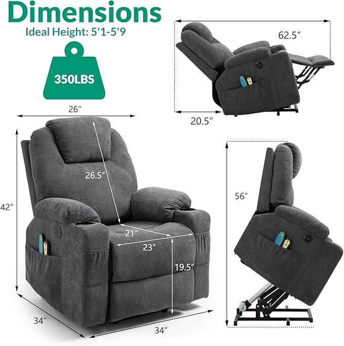 VIVIJASON Power Lift Chair Electric Recliner for Elderly Heated Vibration Massage Fabric Recliner Chair with 2 Remote Controls, Cup Holders, Side Pockets & USB Ports for Living Room (Grey)