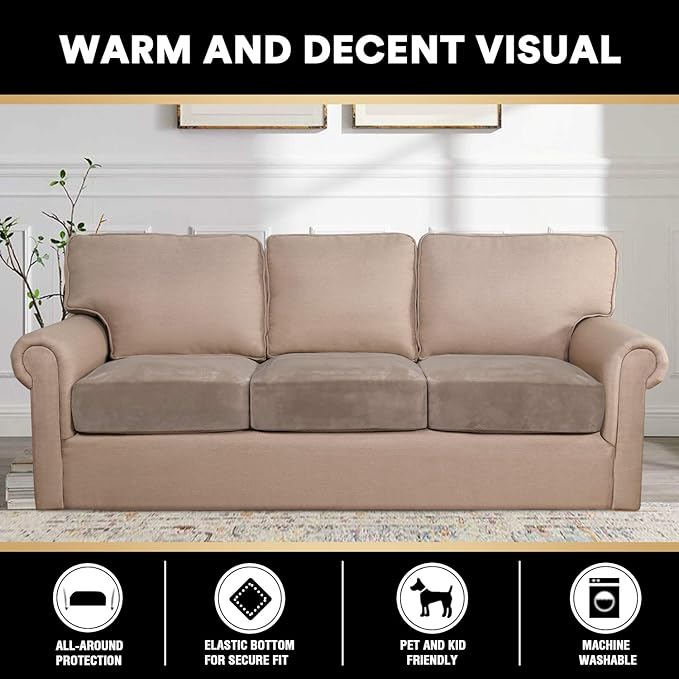 PrinceDeco Velvet Stretch Couch Cushion Cover Soft Cushion Slipcover for Chair Loveseat Sofa Furniture Protector Seat Cushion Sofa Cover (Each Width Up to 29.5