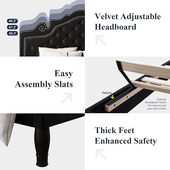 Allewie King Bed Frame with Adjustable Velvet Tiara Headboard, Upholstered Diamond Button Tufted Platform Bed, Wood Slats Support, No Box Spring Needed, Mattress Foundation, Easy Assembly, Black