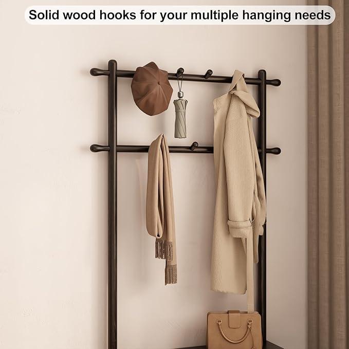 Coat Rack with Shoe Storage, Wooden Hall Tree with Bench, 11 Hooks and 2-Tier Storage Shelves, 3-in-1, Entryway Bench with Coat Rack (31.5