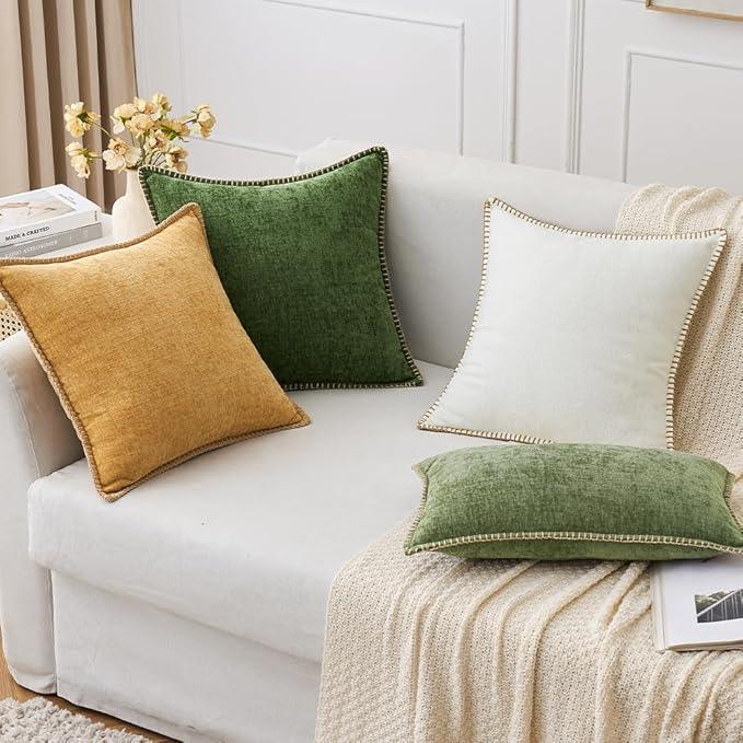 MIULEE Pack of 2 Christmas Pillow Covers 22x22 Inch Moss Green Farmhouse Decorative Throw Pillow Covers with Stitched Edge Soft Chenille Solid Dyed Couch Pillow Covers for Sofa Bed Living Room
