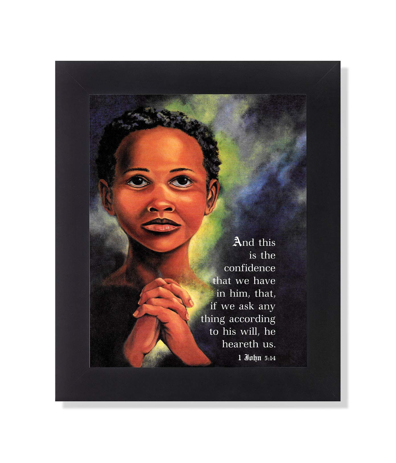 Black Framed Art Print – African American Praying Child 8x10 Bible Verse Decor