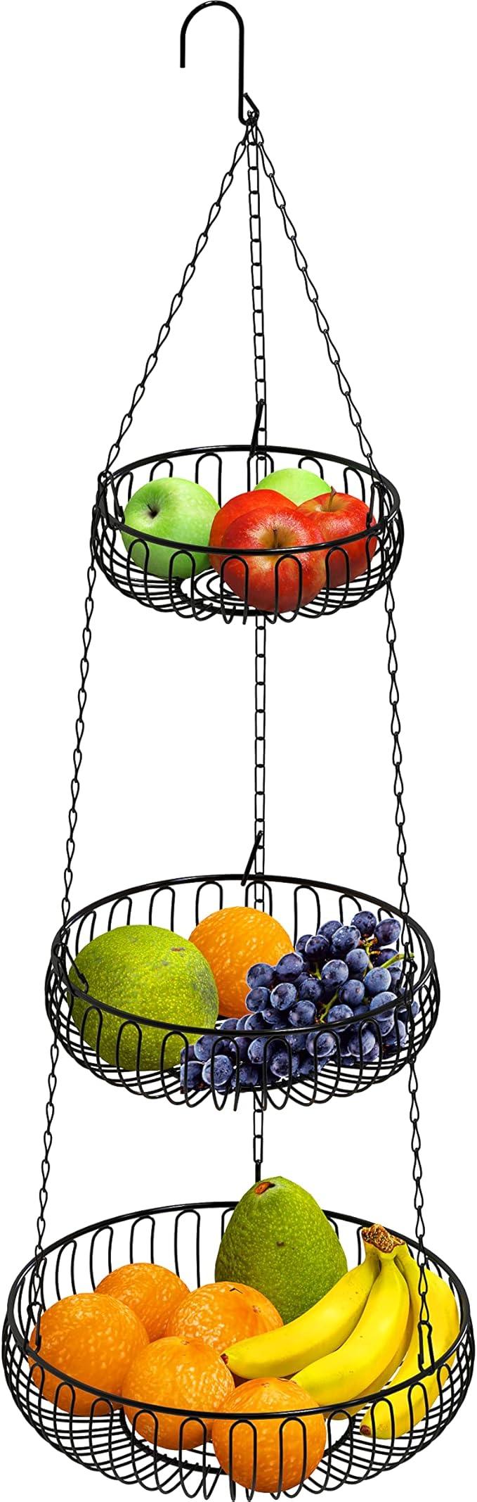 Simple Houseware Adjustable Metal Hanging Fruit Basket, Oblate, Black, 11