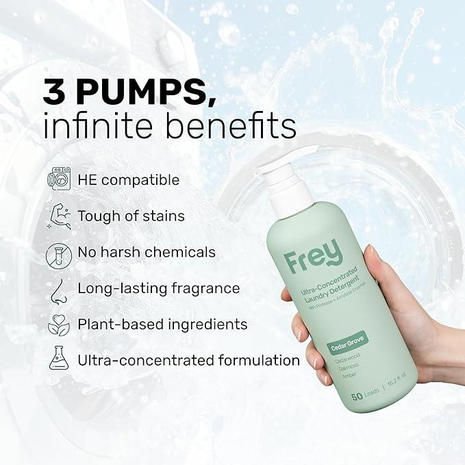 FREY Concentrated Liquid Laundry Detergent | Formulated for Sensitive Skin & HE Washers | Removes Stains Effectively | 50 Loads per Bottle (2-pack Cedar Grove)