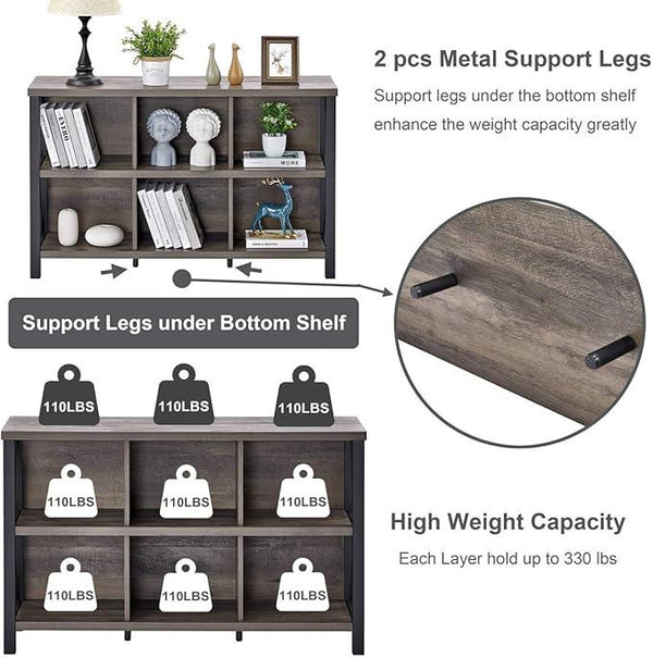 FATORRI Rustic 6 Cube Storage Organizer with Shelf, Wood and Metal Cubby Bookcase, Industrial Horizontal Bookshelf for Living Room, Home Office (Walnut Brown, 47 Inch)
