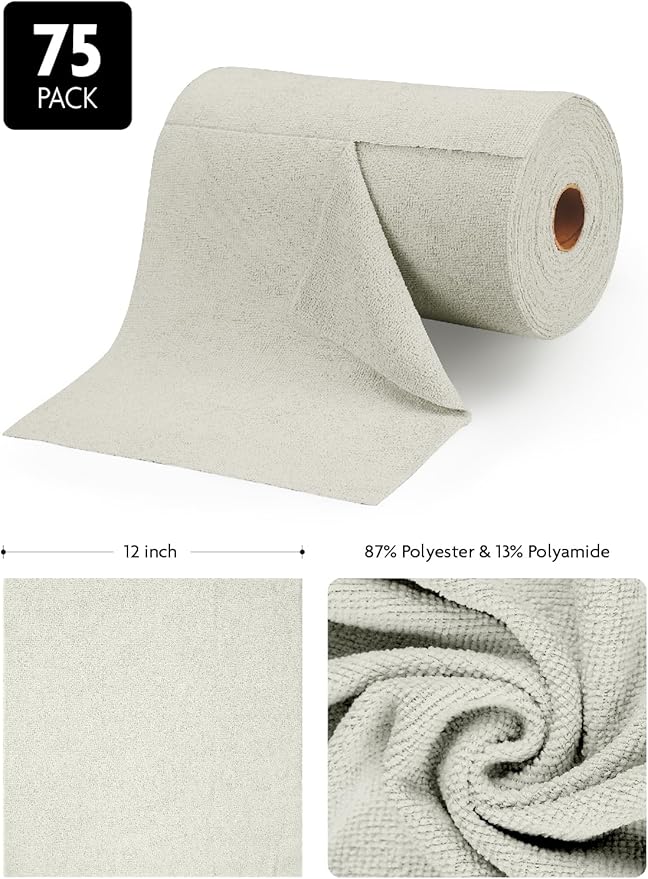 Fantasticlean Microfiber Cleaning Cloth Roll -75 Pack, Tear Away Microfiber Towels, 12