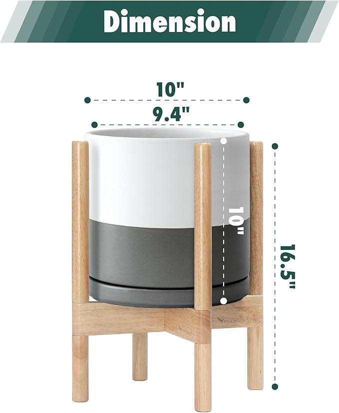 D'vine Dev Ceramic Planter with Natural Stand - 10 Inch Modern Round Flower Pot with Wood Planter Holder, White/Grey, 55-B-K-6