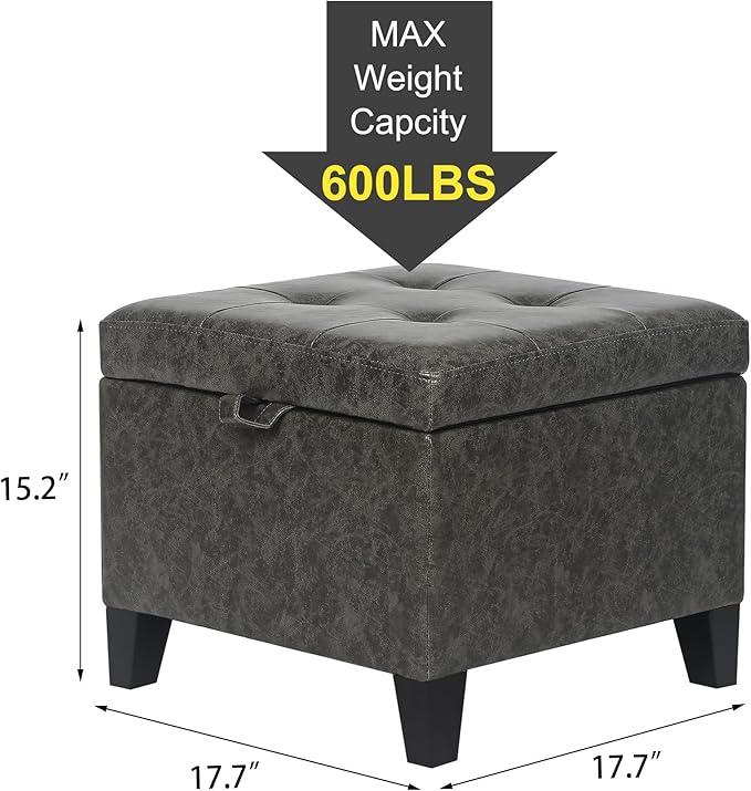 Adeco Faux Leather Storage Ottoman Bench with Wood Legs, 17.7