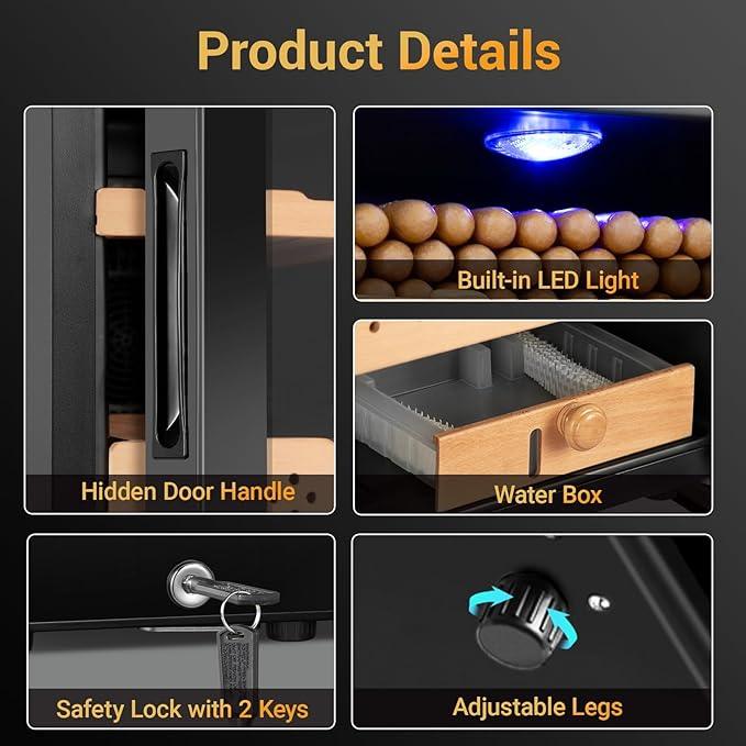 Electric Cigar Humidor, 25L 200 Counts Large Capacity,Thermostatic Electric Cooler Cabinet with Digital LED Screen, Safety Lock,Smart Humidity & Temp Control, Gifts for Men