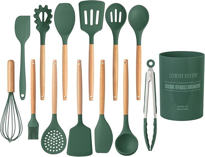 Country Kitchen Non Stick Silicone Utensil Set with Rounded Wood Handles for Cooking and Baking, 14 Piece Set, Green