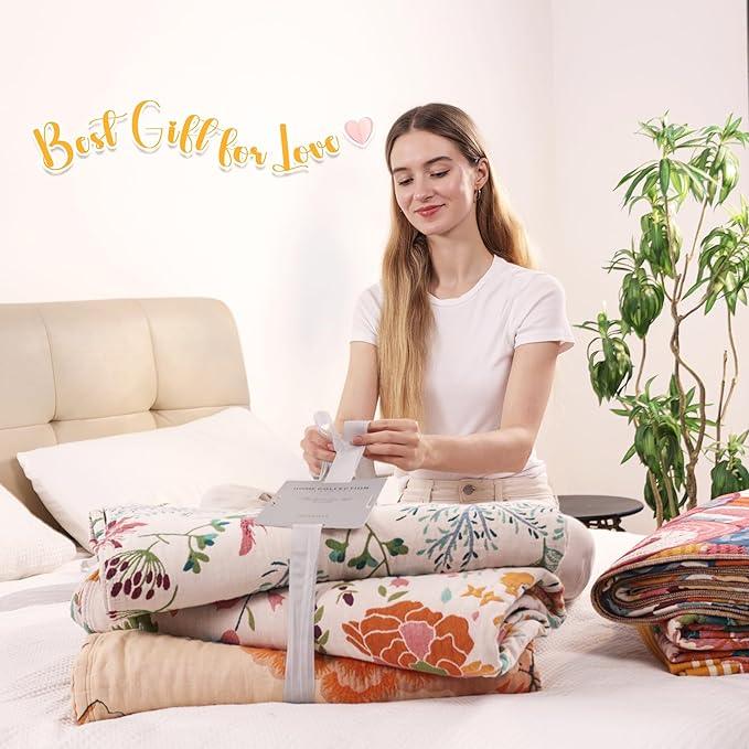 Boho Large Throw Blanket, 100% Organic Cotton Breathable Soft Bed King Throw - Fall Floral Bird Butterfly Farmhouse Decor Blanket for Sofa Couch Chair and Gift. 91