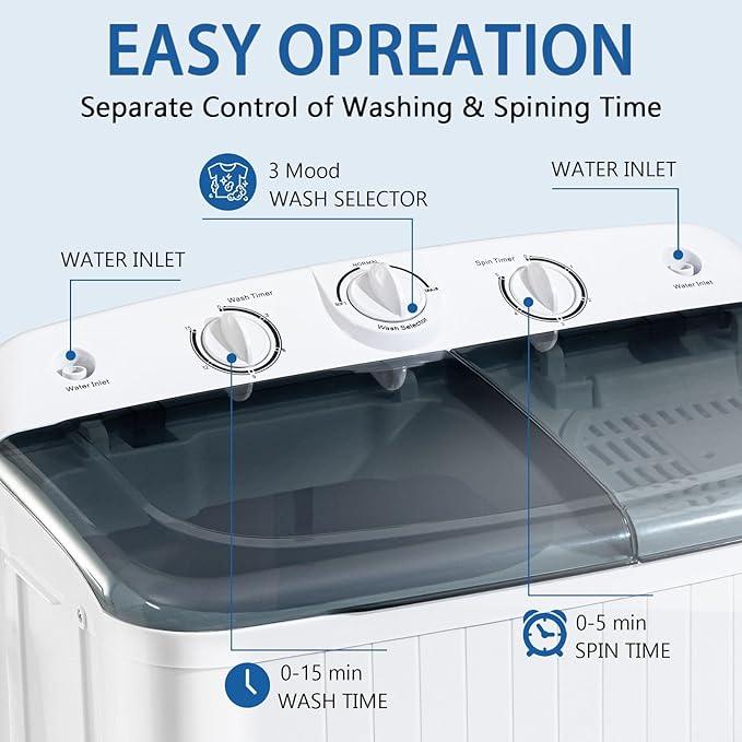 Portable Mini Twin Tub 22lbs Washing Machine With Drying Rack& 10 Hangers, 13lbs Washer & 9lbs Spinner, Small Laundry Washer with Time Control for Camping, Apartments, RV (22lbs)