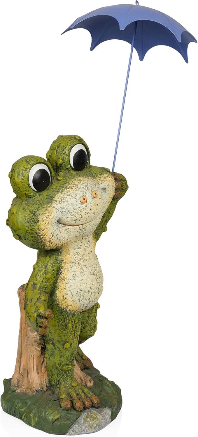 Alpine Corporation QWR1002 Indoor/Outdoor Smiling Frog with Purple Umbrella Garden Statue, Playful Frog Statue, 27