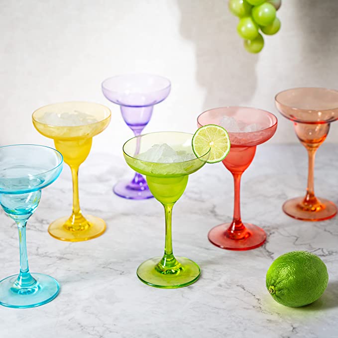 The Wine Savant Hand Blown Colorful Margarita & Martini Glass (Set of 6) – Fancy 7.4oz Luxury Hand Blown For Cocktails, Water, Wine, Juice, & Champagne Glasses Cinco de Mayo Large Party, Set of 6