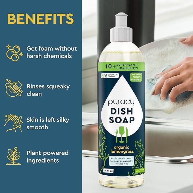 Puracy Natural Dish Soap Packs - Skin-Softening Plant-Based Dishwashing Soap, Non-Toxic Dish Soap, Organic Liquid Dishwashing Detergent Soap (Organic Lemongrass, 16 fl oz, 3 Pack)