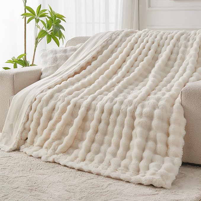 Lotus Karen Faux Fur Blanket - Cream White Twin Size, Big Bubble Rabbit Fluff, 60x80 Inches