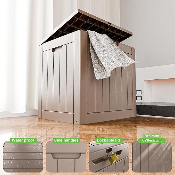 30 Gallon Outdoor Deck Box,Storage Lockable Waterproof Patio Furniture,Garden Tools,Cushions,Pool Accessories Outside Storage Resin Box(Grey)
