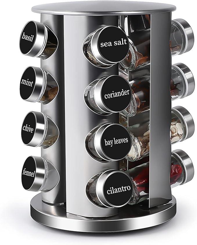 DOUBLE 2 C Revolving Countertop Spice Rack Stainless Steel Seasoning Storage Organization,Spice Carousel Tower for Kitchen Set of 16 Jars (16Jars)