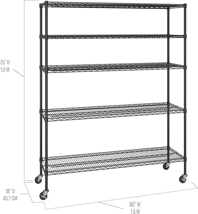 Seville Classics UltraDurable Heavy Duty NSF Solid Steel Wire Rack Storage Unit, Organizer for Garage, Warehouse, Office, Restaurant, Classroom, Kitchen, Black, 5-Tier Shelving, 60