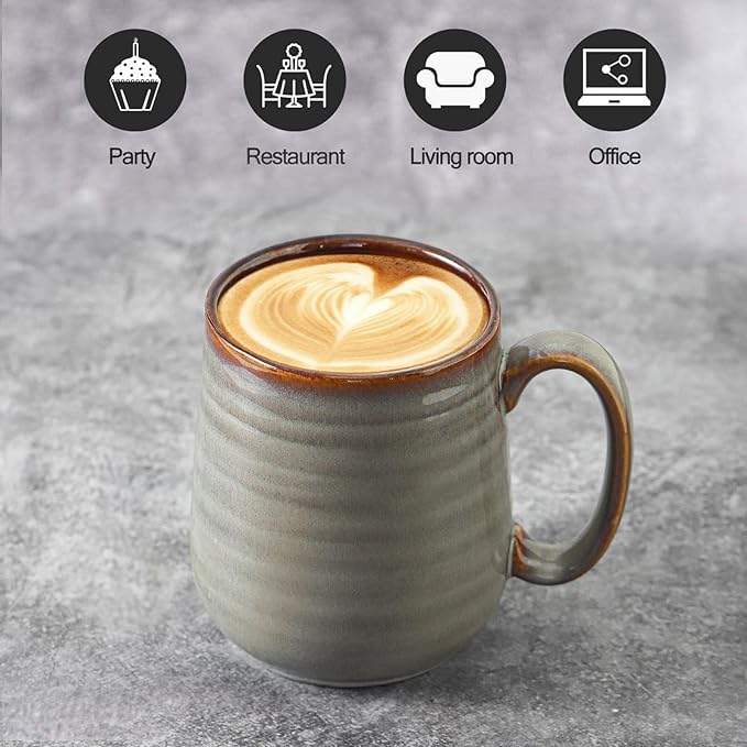 Hasense Coffee Mugs Set of 4, 12 oz Coffee Cups Ceramic, Stoneware Latte Mug with Large Handle for Coffee, Tea, Milk and Chocolate,Easy Hold & Clean, Dishwasher & Microwave Safe, Light Grey
