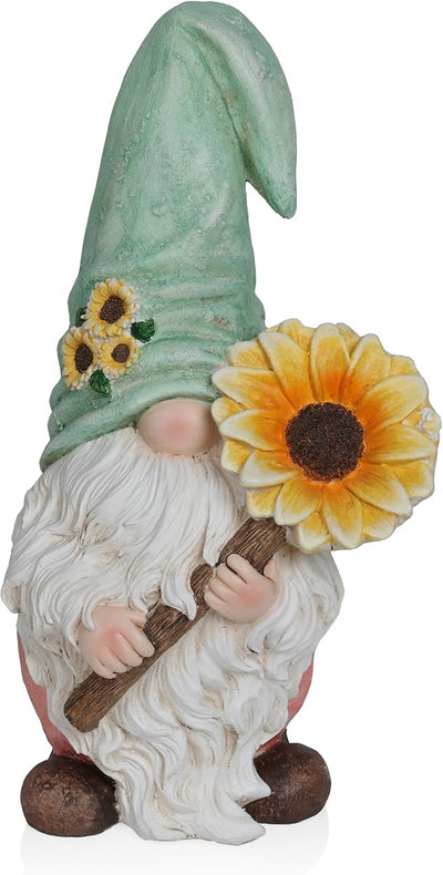 Alpine Corporation MCC842 Indoor/Outdoor Gnome Holding Sunflower Garden Statue, Charming Gnome Statue w/Hat, 21