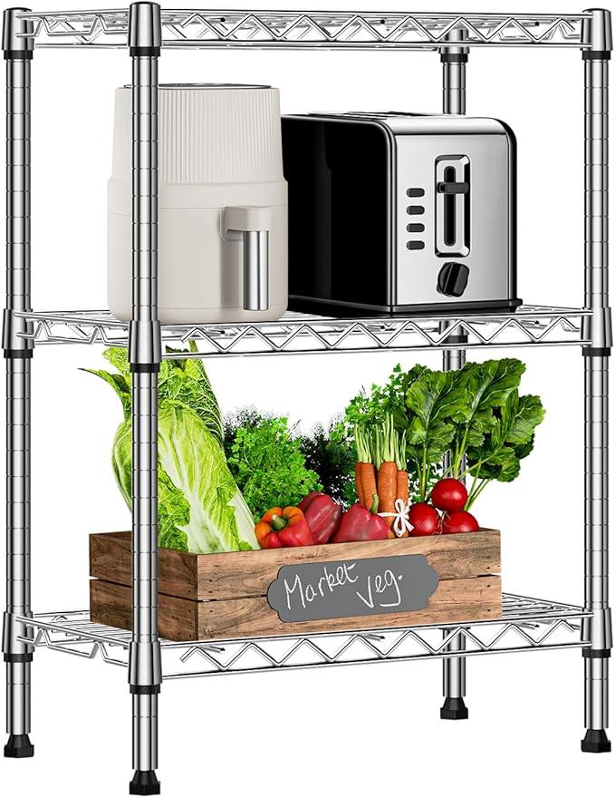 750 lbs 3 Tier Shelf Metal Storage Shelves Wire Rack Closet Organizers with PP Board for Garage Kitchen Bathroom Laundry Chrome 11.8