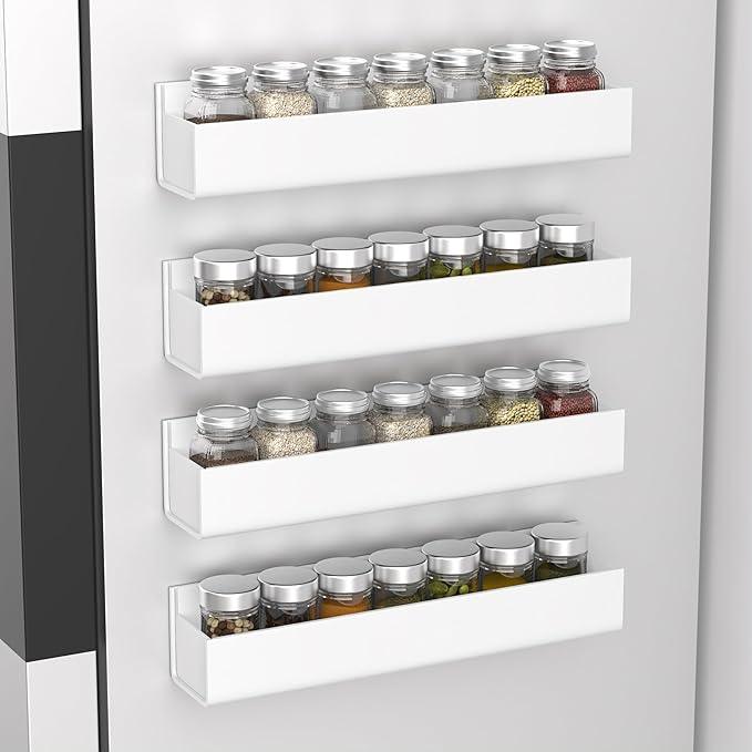 PMMASTO Adhesive Acrylic Spice Rack Organizer for Wall with Nano Double Sided Tape, Spice Shelf Organization for Kitchen Cabinet Door/Pantry Door, Wall Mount Seasoning Rack (White - 4 Pack)