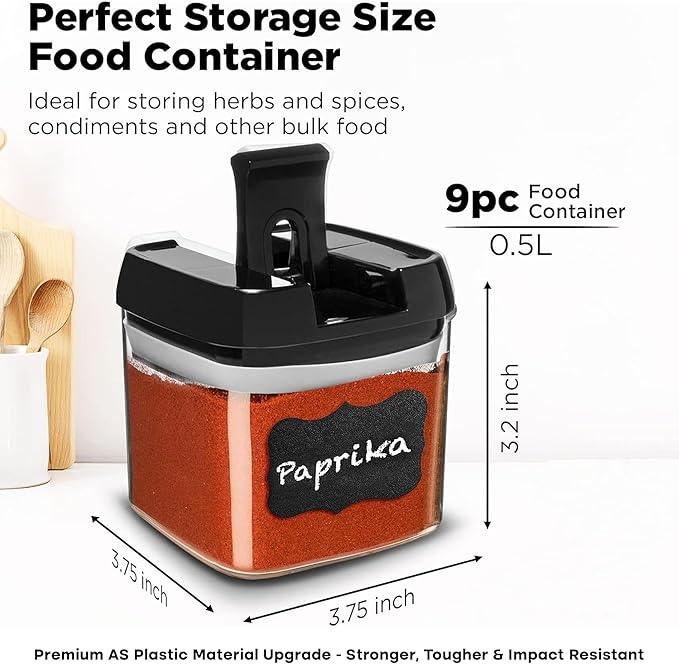 Shazo 9 PC Airtight Food Storage Containers - BPA Free Clear Plastic Snack & Spice Containers with Easy Lock Lids - Kitchen and Pantry Organization for Herbs, Coffee, Tea - 0.5L / 2.1 Cups