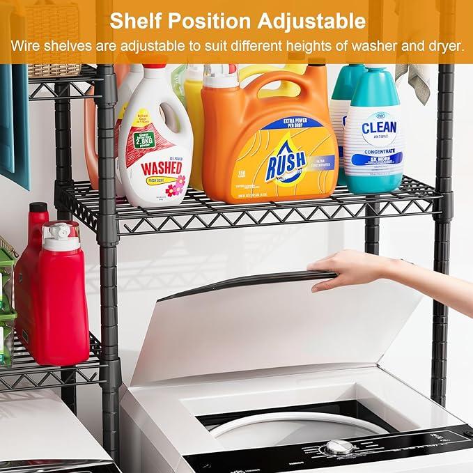 U14 Over Washer and Dryer Storage Shelves, 4 Tiers Laundry Room Storage and Organizer System, Space Saving Clothes Drying Rack with 2 Clothes Hanger Rods, 66.5